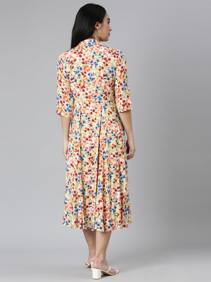 Neerus Yellow rayon printed flared dress - side view