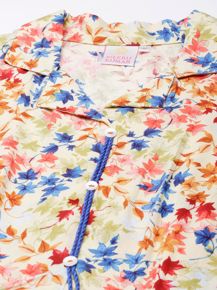 Neerus Yellow rayon printed flared dress - detail view 1