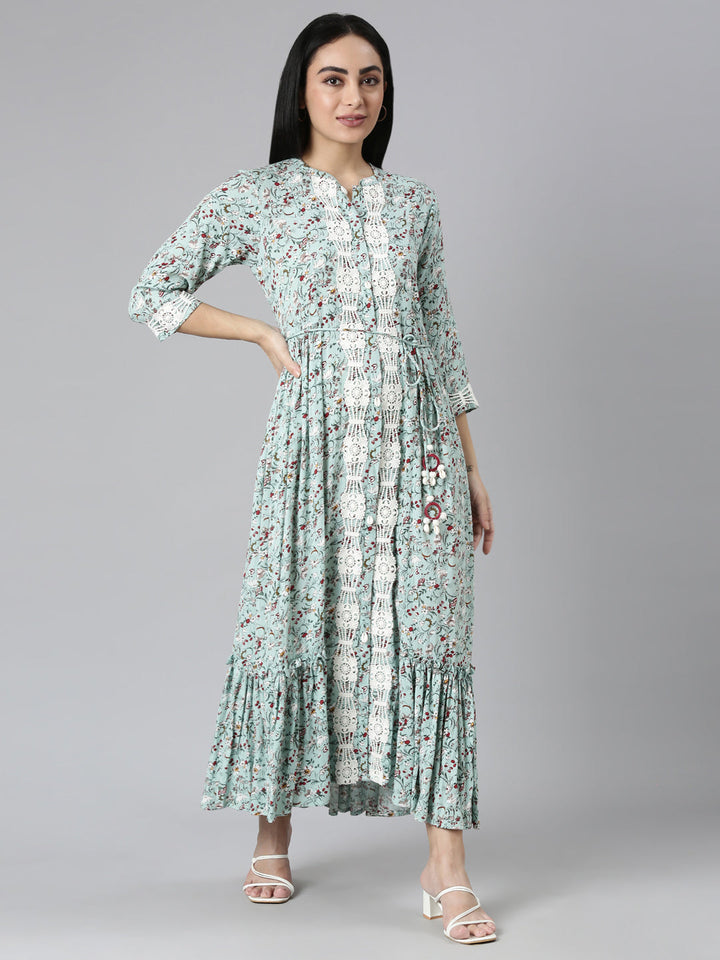 Neerus Green Flared Casual Floral Maxi Dresses