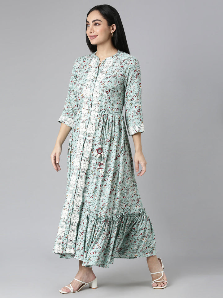 Neerus Green Flared Casual Floral Maxi Dresses