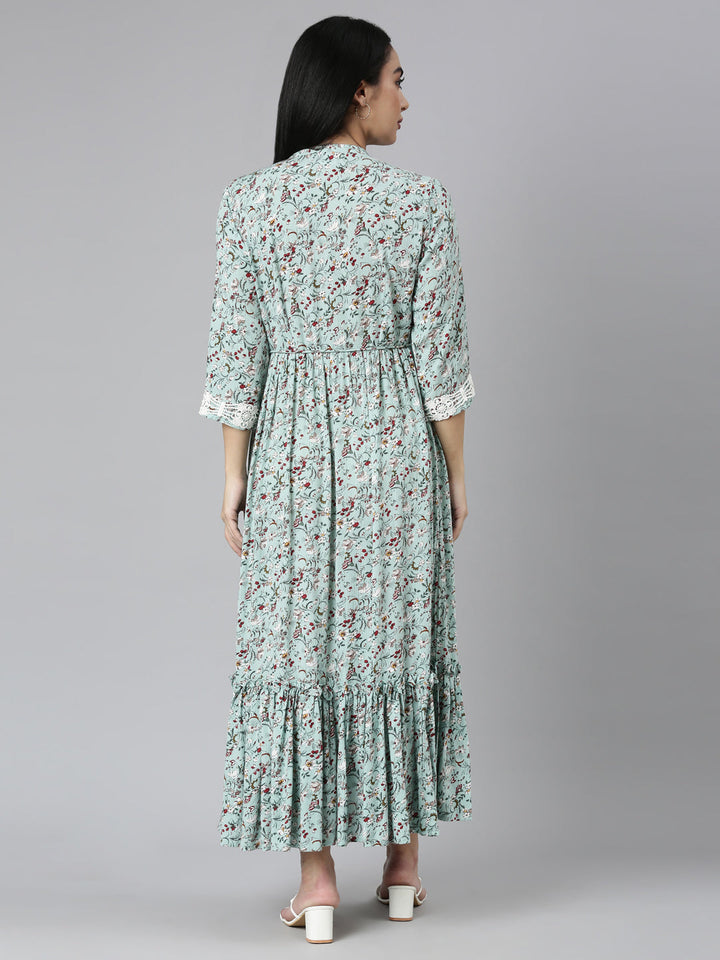 Neerus Green Flared Casual Floral Maxi Dresses