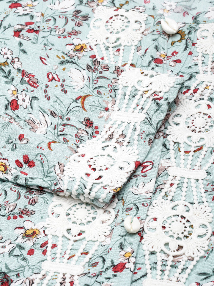 Neerus Green Flared Casual Floral Maxi Dresses