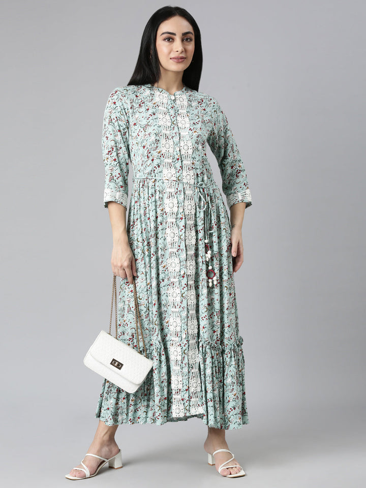 Neerus Green Flared Casual Floral Maxi Dresses