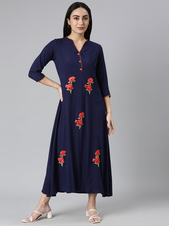 Neerus Blue rayon solid straight kurti - front view