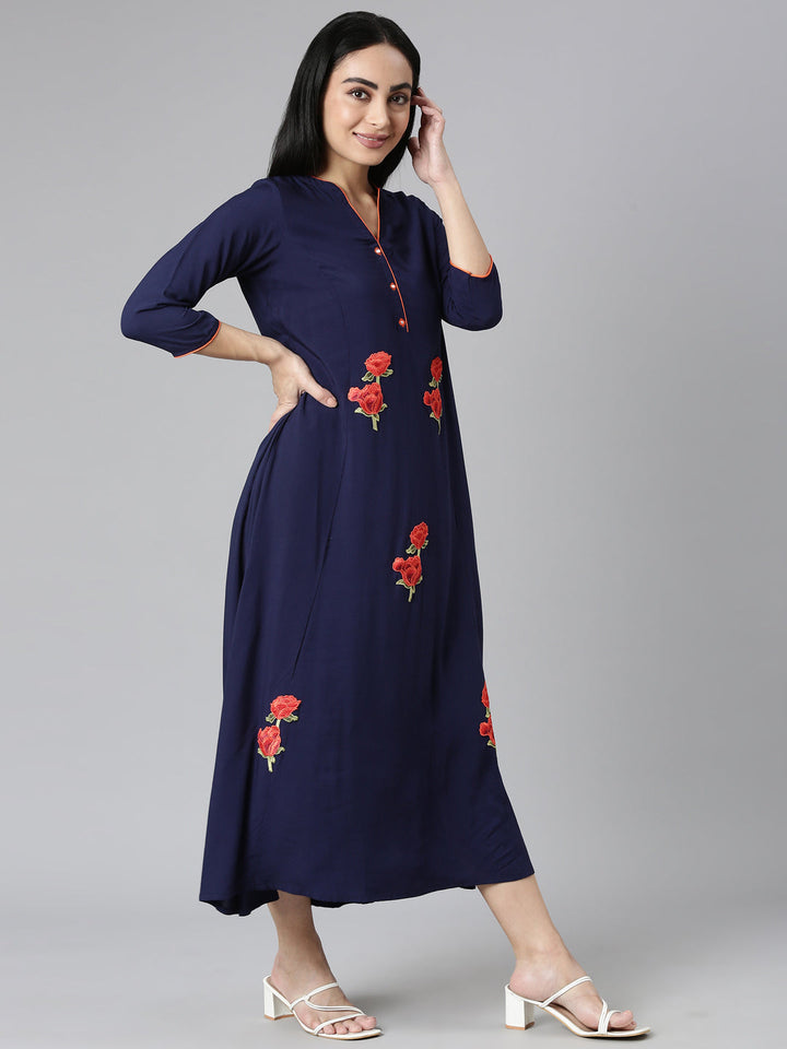Neerus Blue rayon solid straight kurti - back view