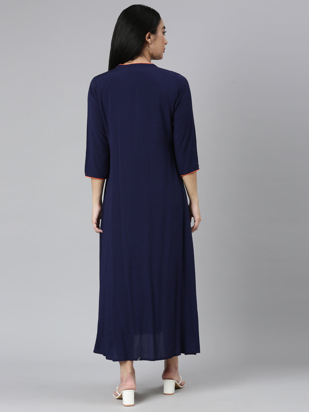 Neerus Blue rayon solid straight kurti - side view
