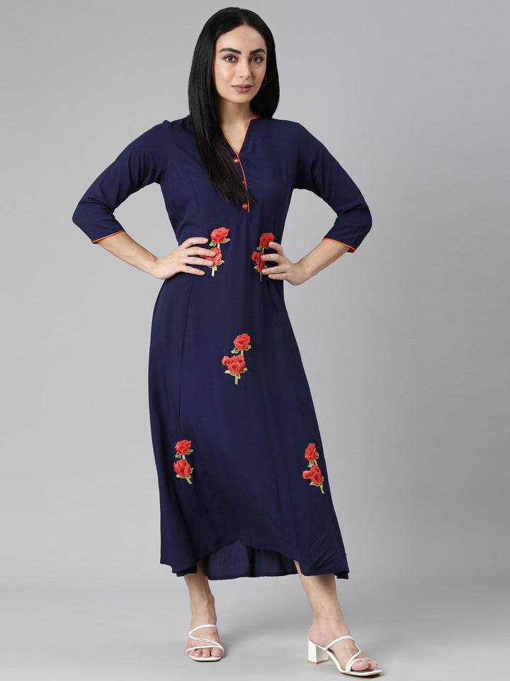 Neerus Blue rayon solid straight kurti - detail view 2