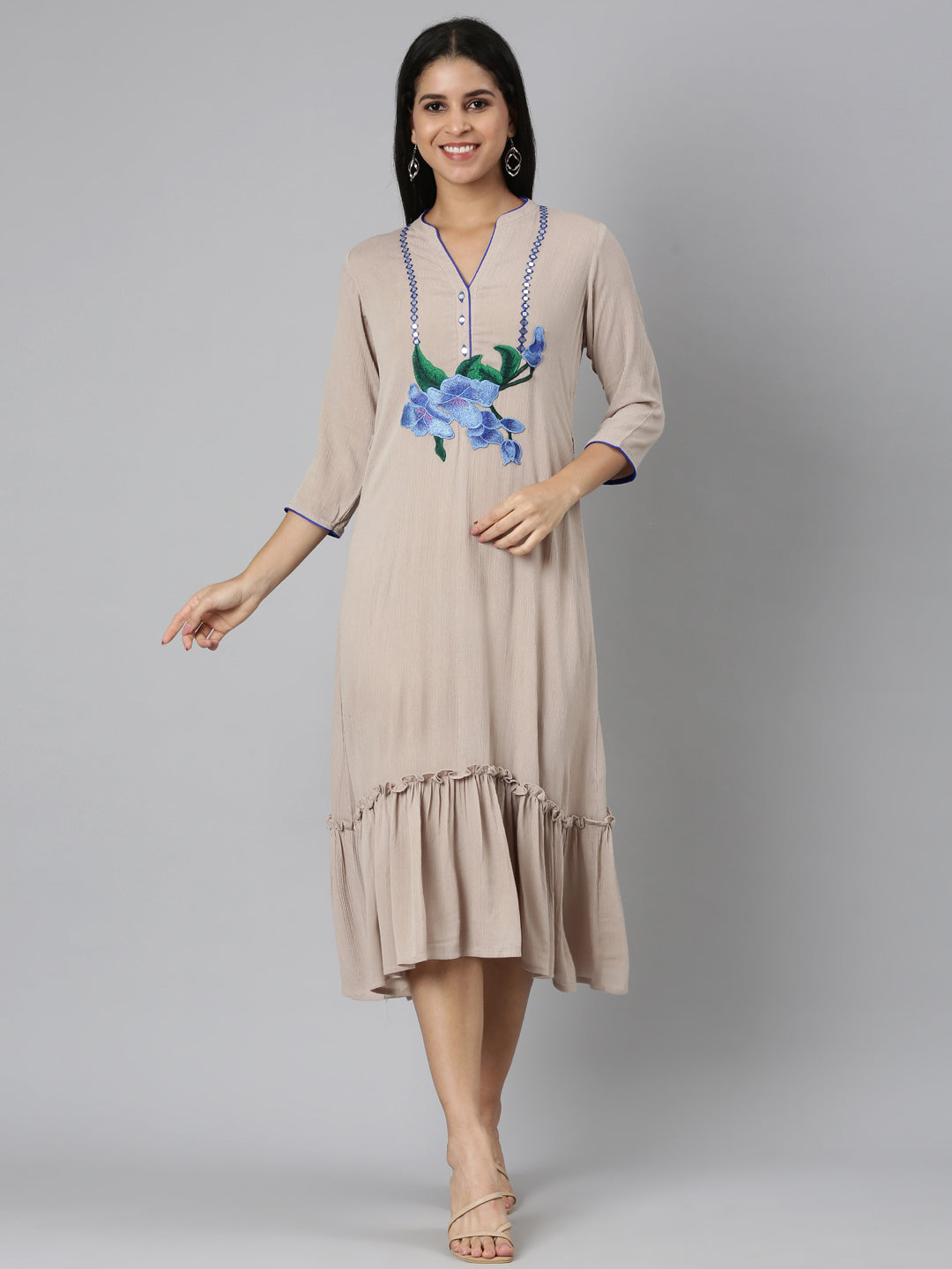 Neerus Beige chiffon solid straight kurta - front view