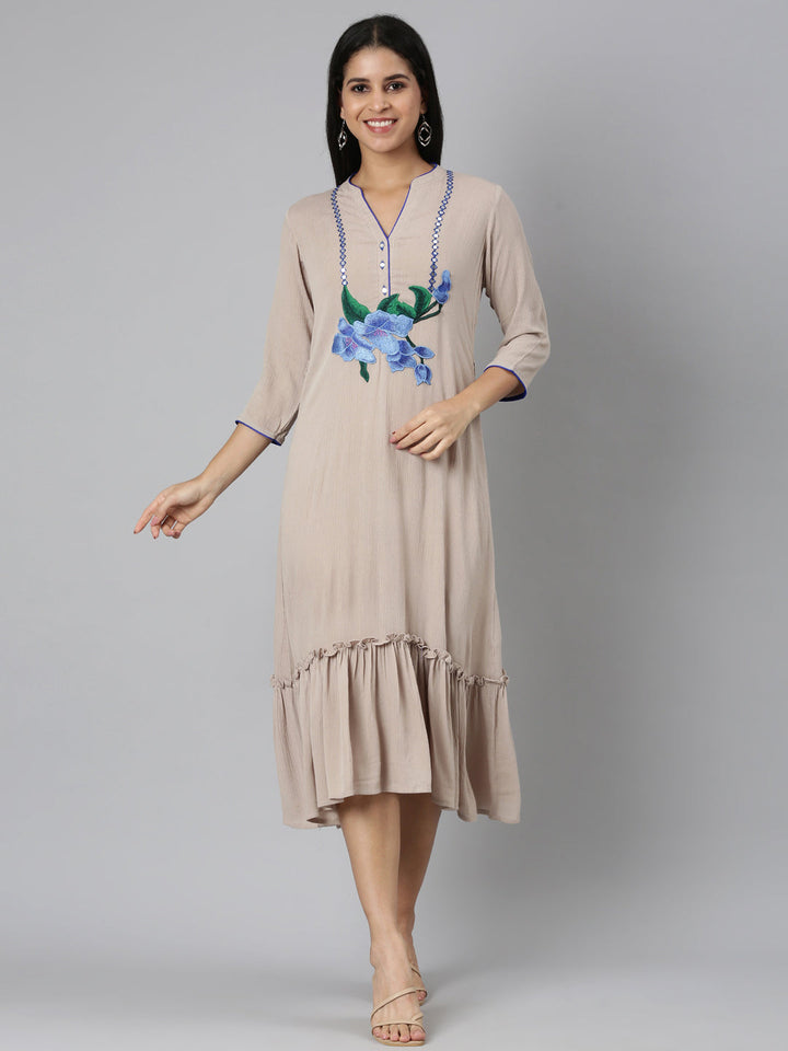 Neerus Beige chiffon solid straight kurta - front view
