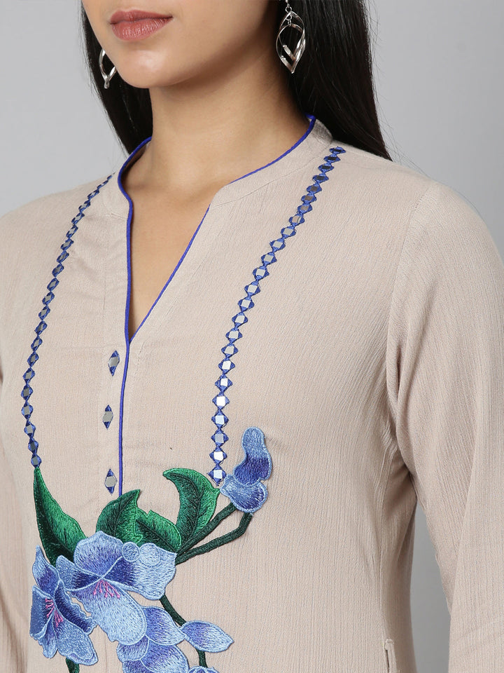 Neerus Beige chiffon solid straight kurta - detail view 1