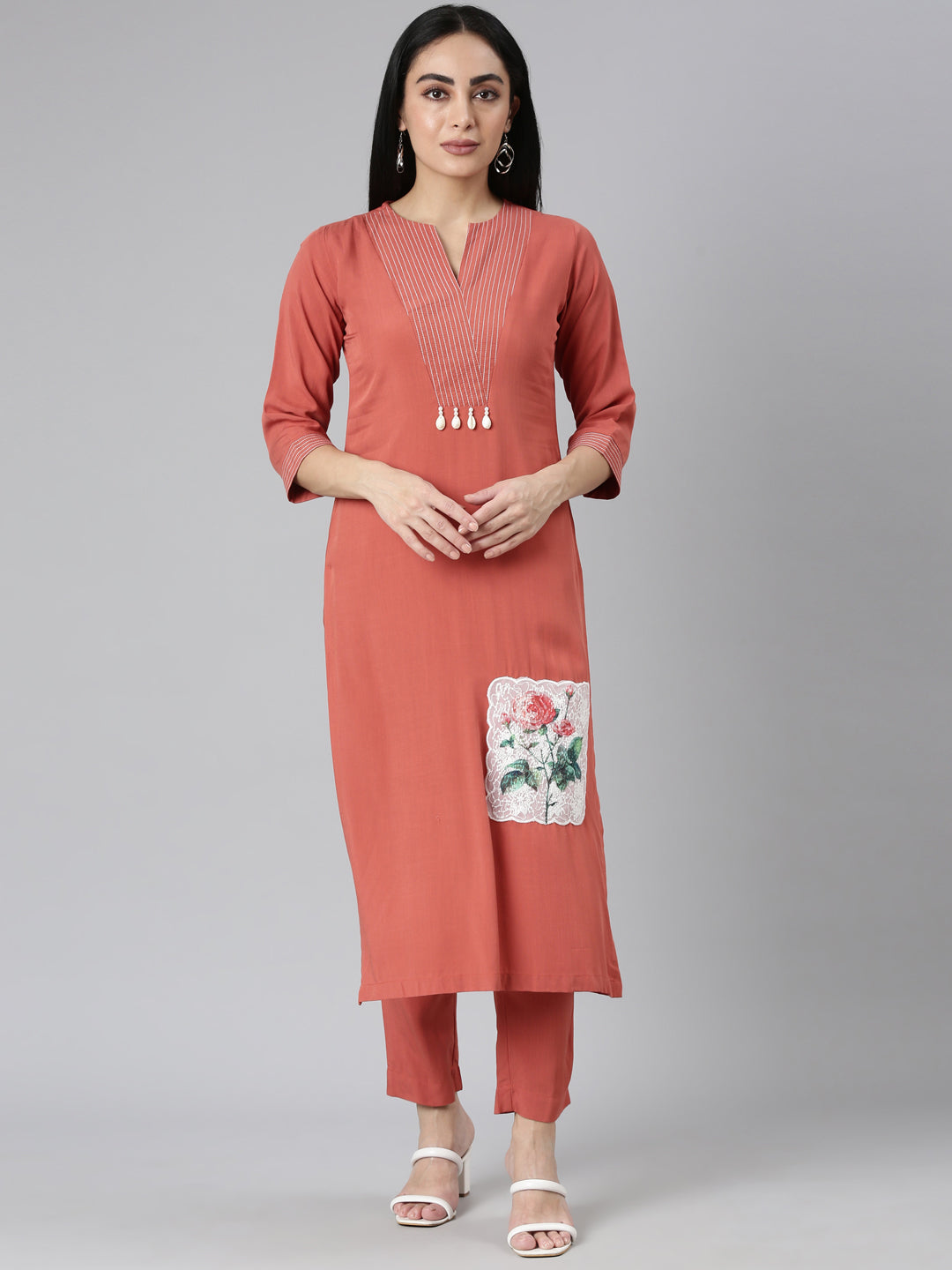 Neerus Orange Viscose Rayon Solid Kurta Set - front view