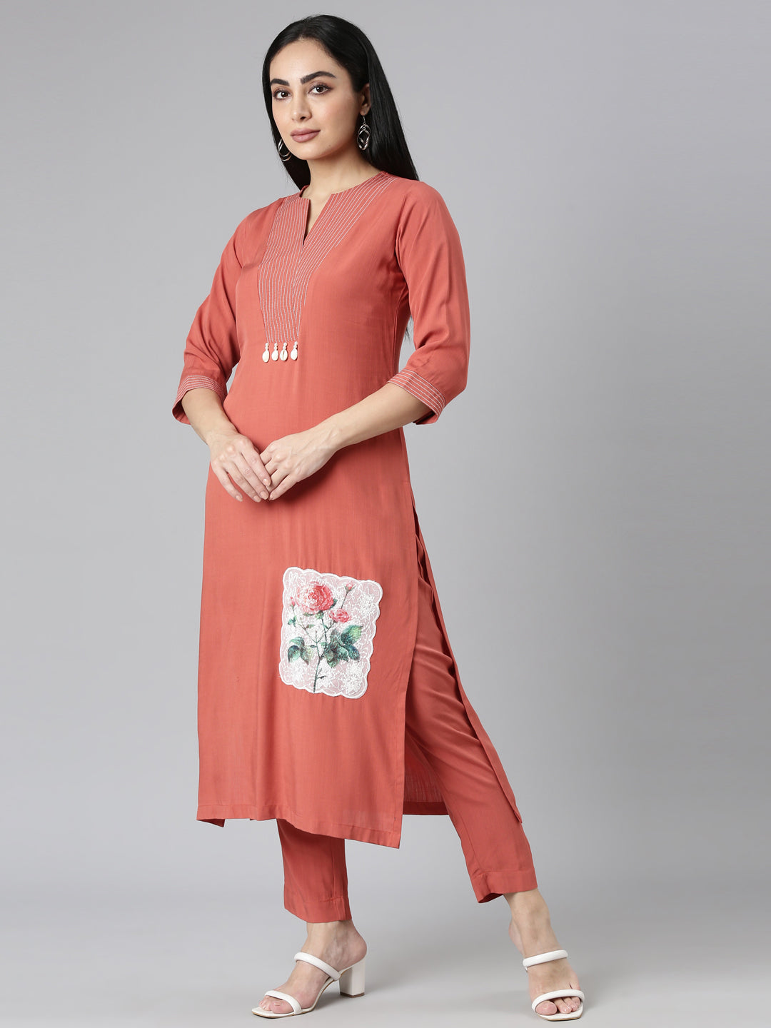 Neerus Orange Viscose Rayon Solid Kurta Set - back view