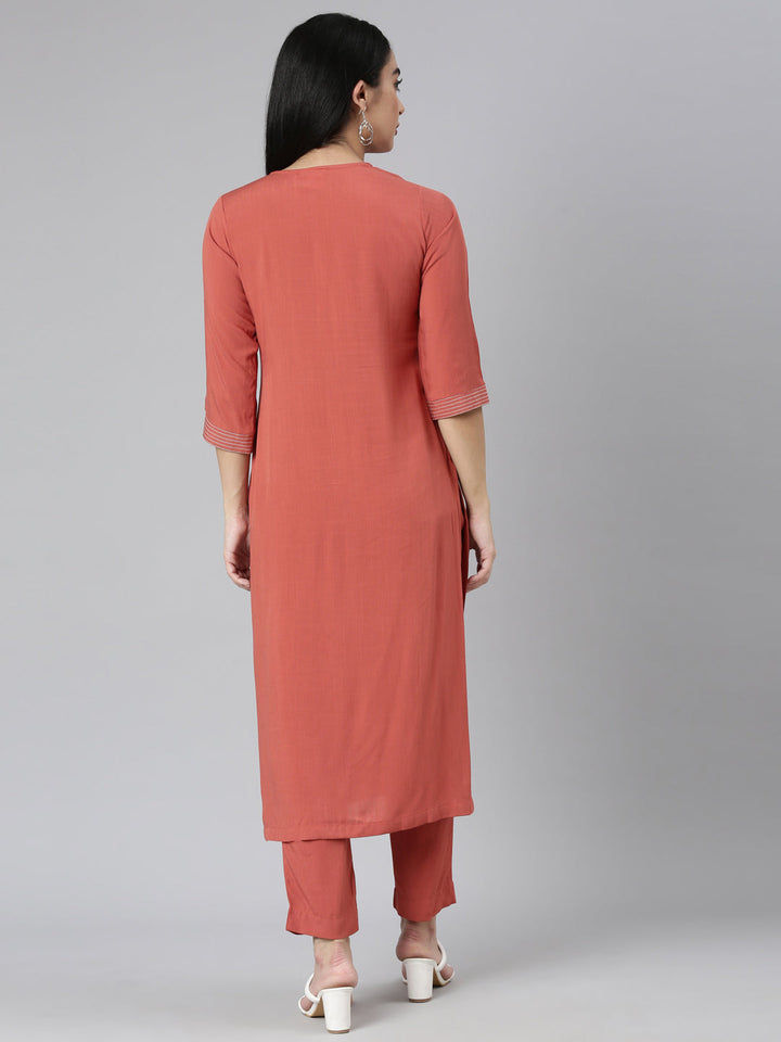 Neerus Orange Viscose Rayon Solid Kurta Set - side view