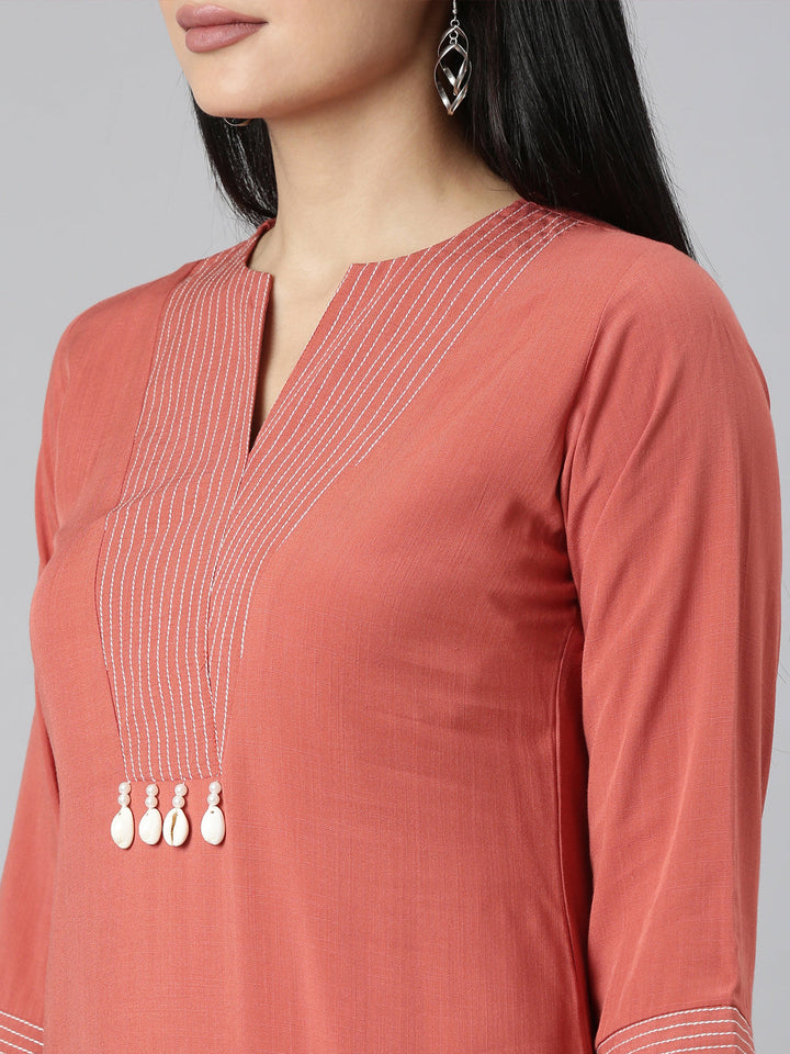 Neerus Orange Viscose Rayon Solid Kurta Set - detail view 1