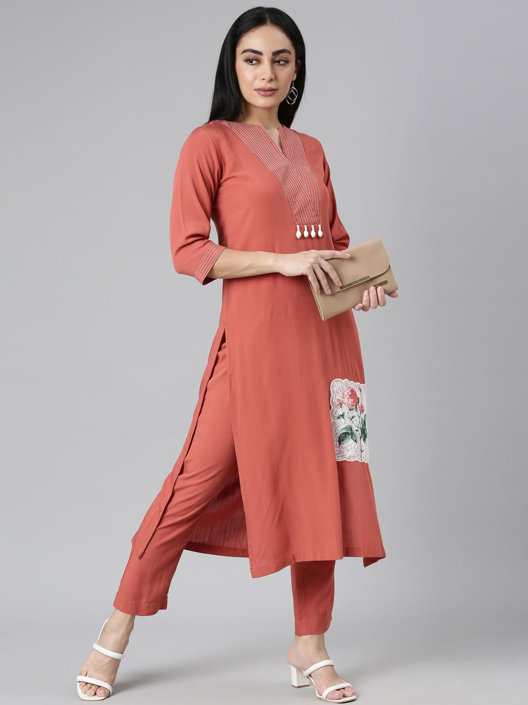 Neerus Orange Viscose Rayon Solid Kurta Set - detail view 2