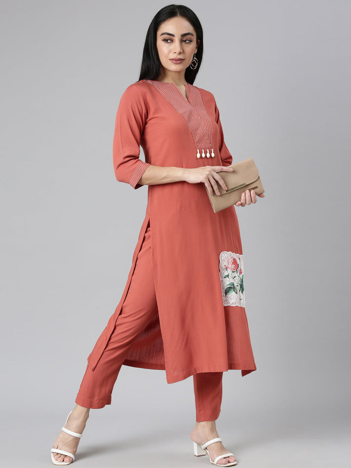 Neerus Orange Viscose Rayon Solid Kurta Set - detail view 2