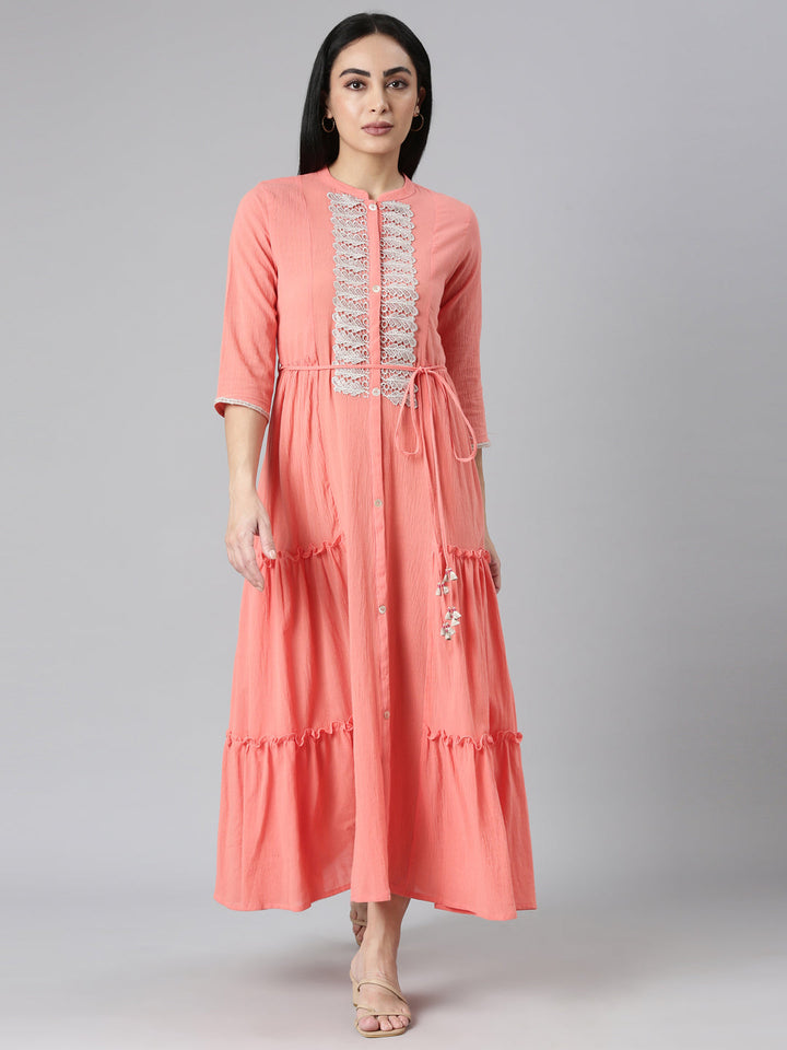 Neerus Orange Flared Casual Solid Maxi Dresses