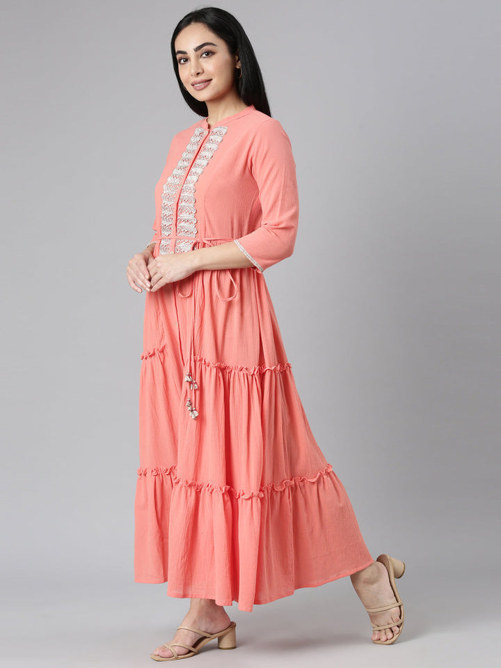 Neerus Orange Flared Casual Solid Maxi Dresses
