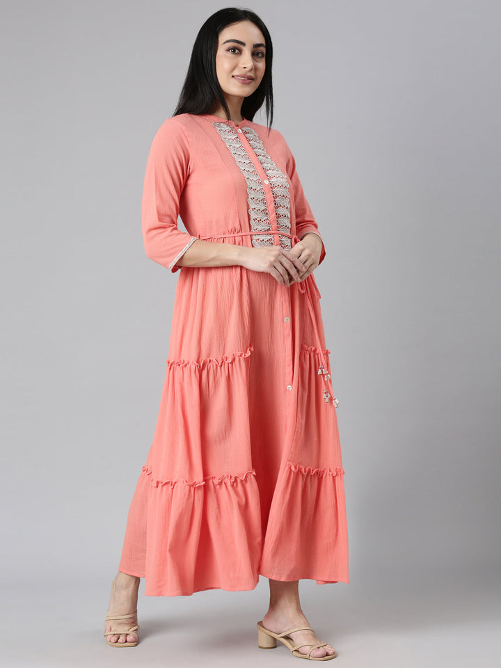 Neerus Orange Flared Casual Solid Maxi Dresses