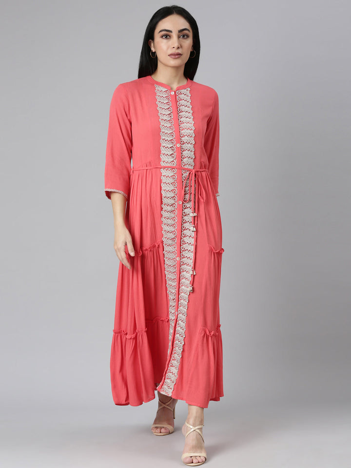 Neerus Orange Flared Casual Solid Maxi Dresses