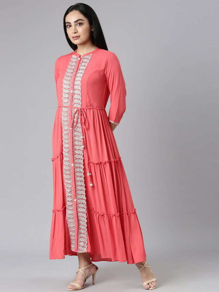 Neerus Orange Flared Casual Solid Maxi Dresses