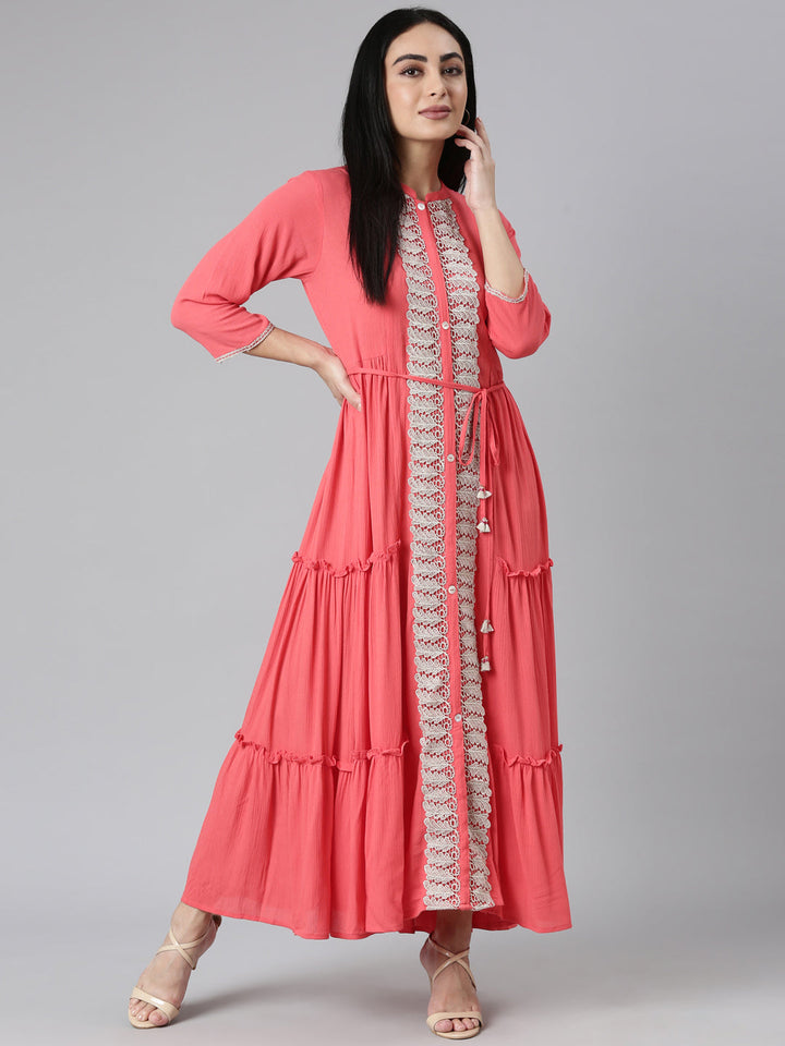 Neerus Orange Flared Casual Solid Maxi Dresses