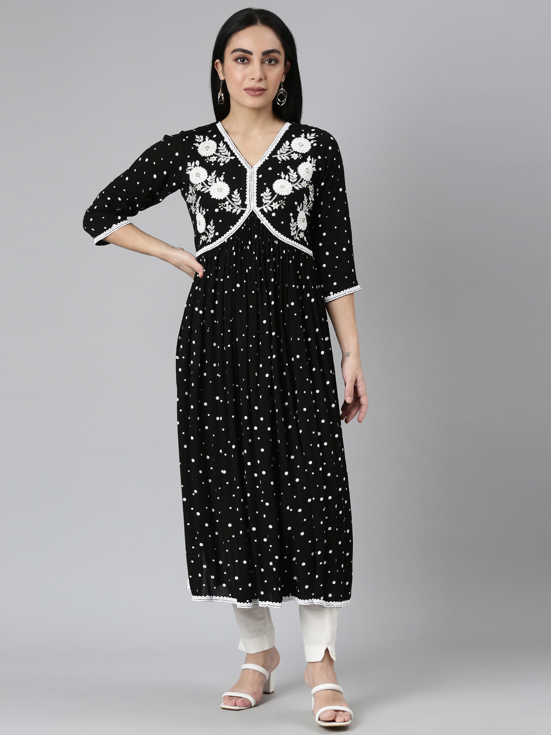 Neerus Black chiffon printed anarkali kurta - front view