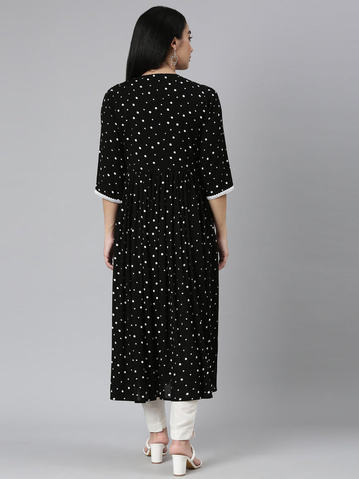 Neerus Black chiffon printed anarkali kurta - side view