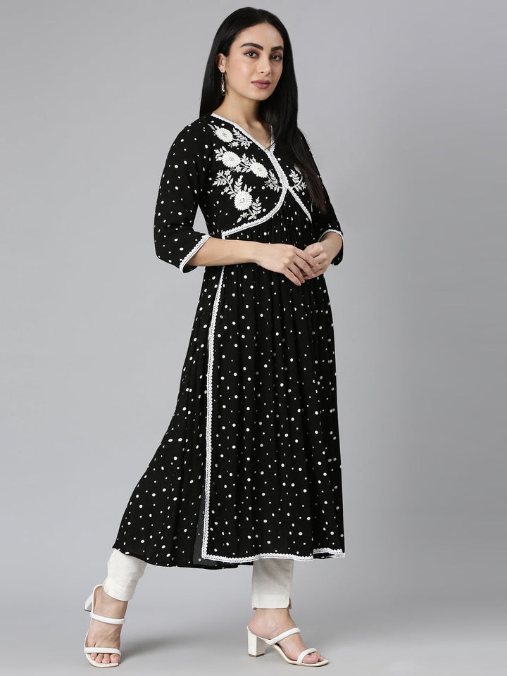 Neerus Black chiffon printed anarkali kurta - detail view 2