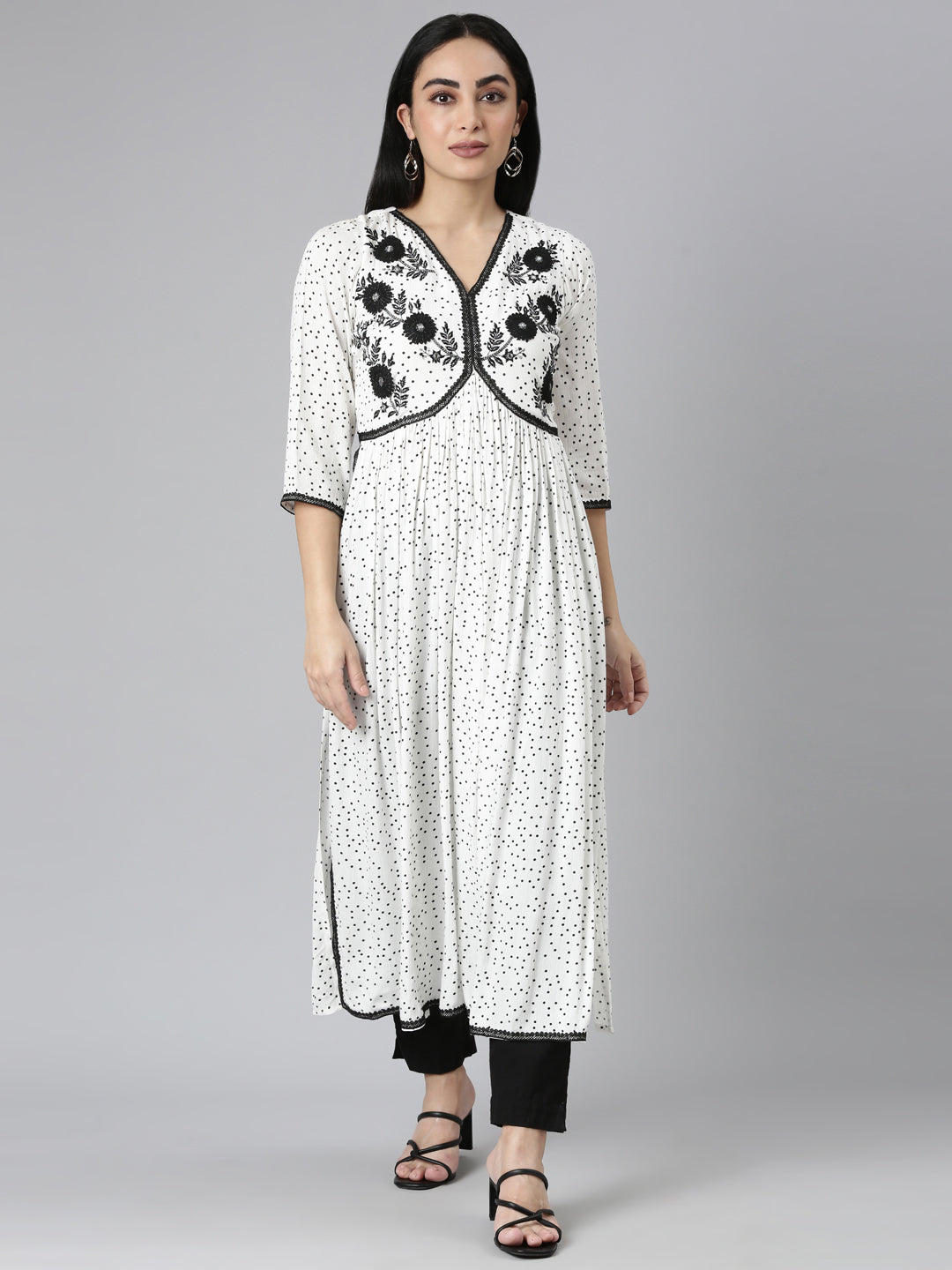 Neerus White chiffon printed anarkali kurti - front view
