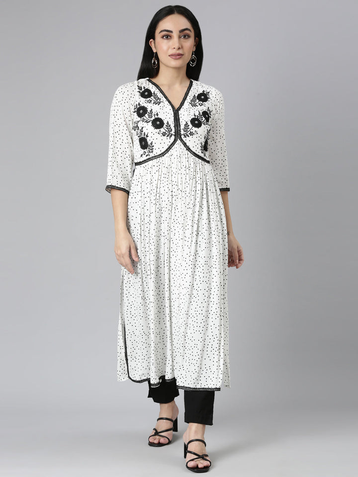 Neerus White chiffon printed anarkali kurti - front view