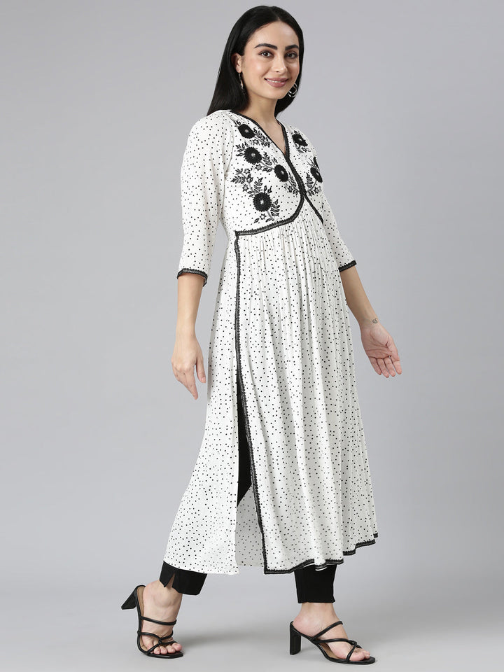Neerus White chiffon printed anarkali kurti - back view