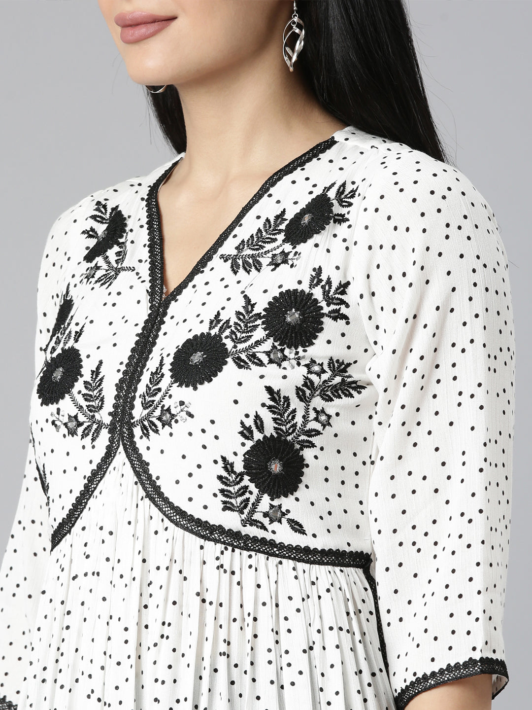Neerus White chiffon printed anarkali kurti - detail view 1
