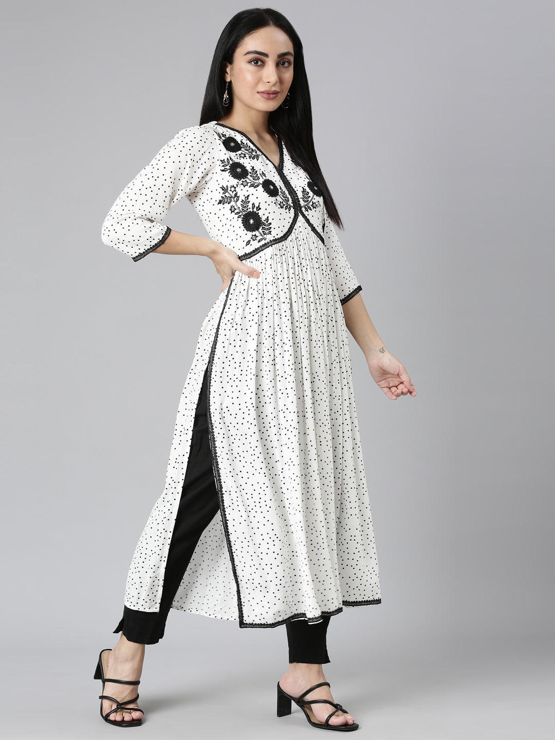 Neerus White chiffon printed anarkali kurti - detail view 2