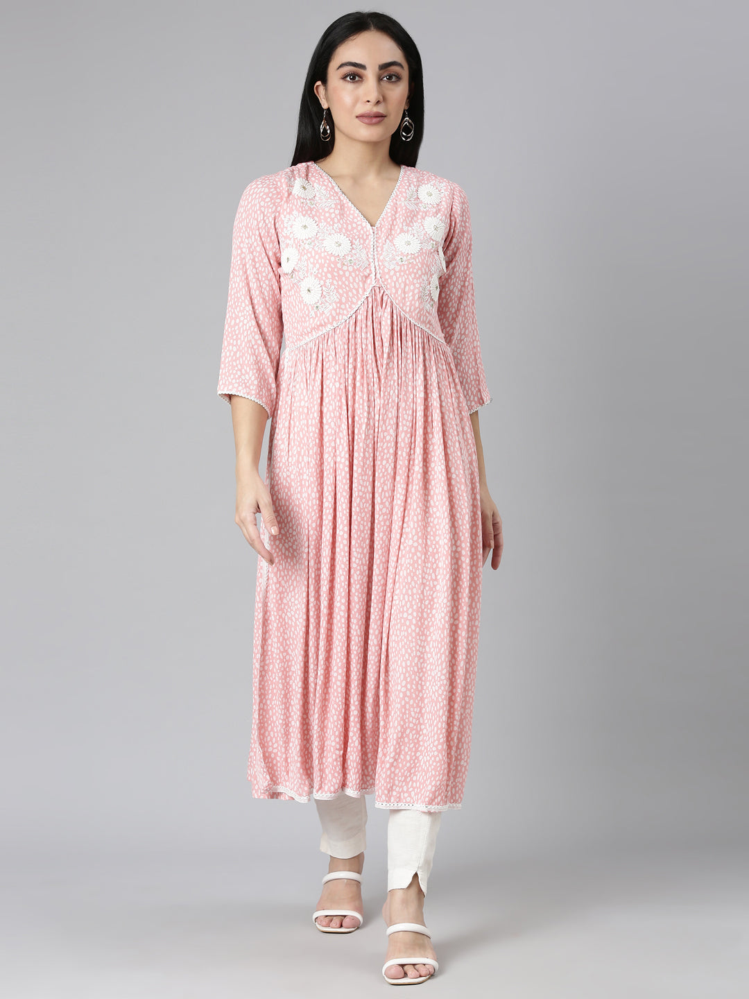 Neerus Pink chiffon printed anarkali kurta - front view