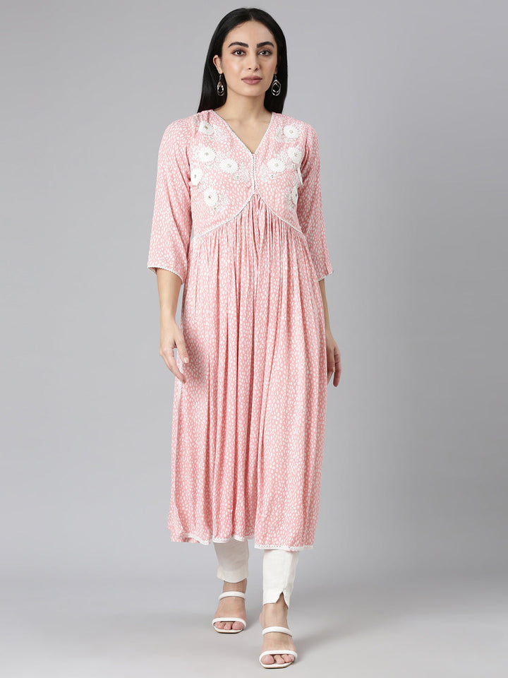 Neerus Pink chiffon printed anarkali kurta - front view
