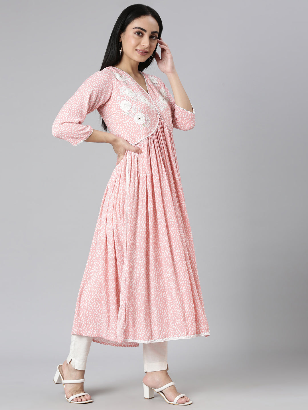 Neerus Pink chiffon printed anarkali kurta - back view