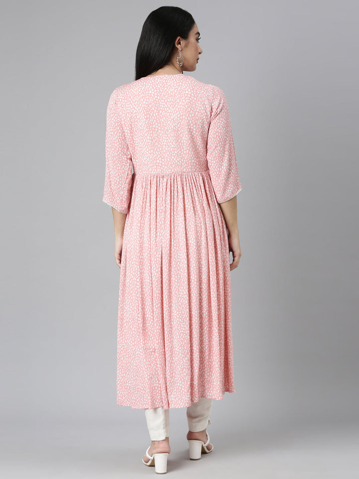 Neerus Pink chiffon printed anarkali kurta - side view