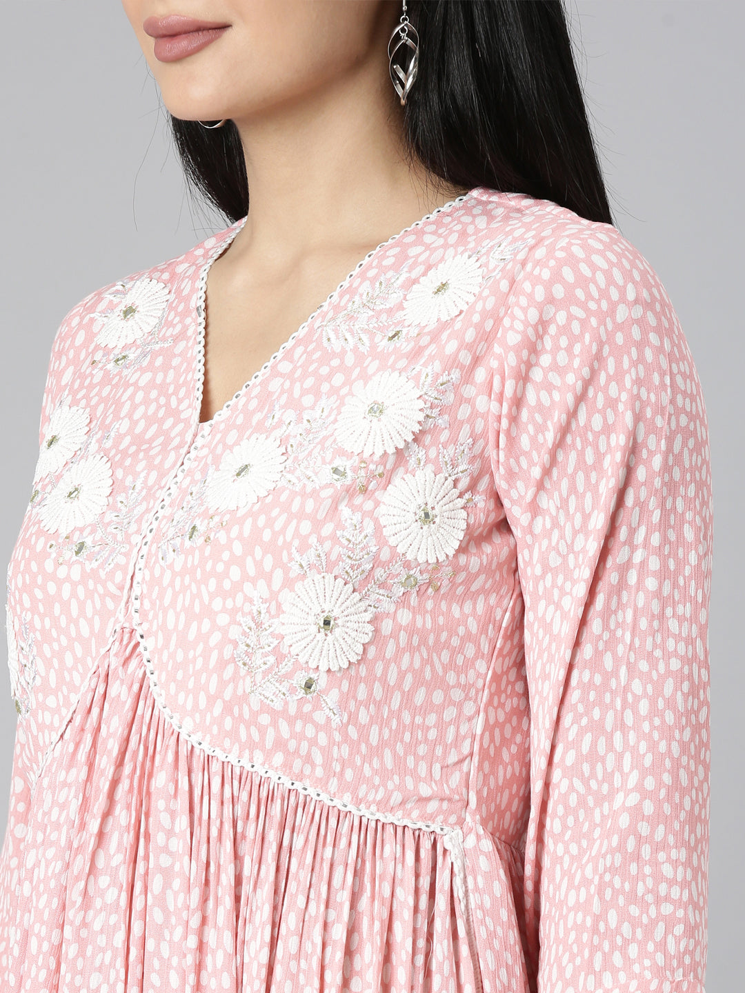 Neerus Pink chiffon printed anarkali kurta - detail view 1