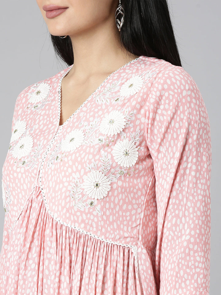 Neerus Pink chiffon printed anarkali kurta - detail view 1