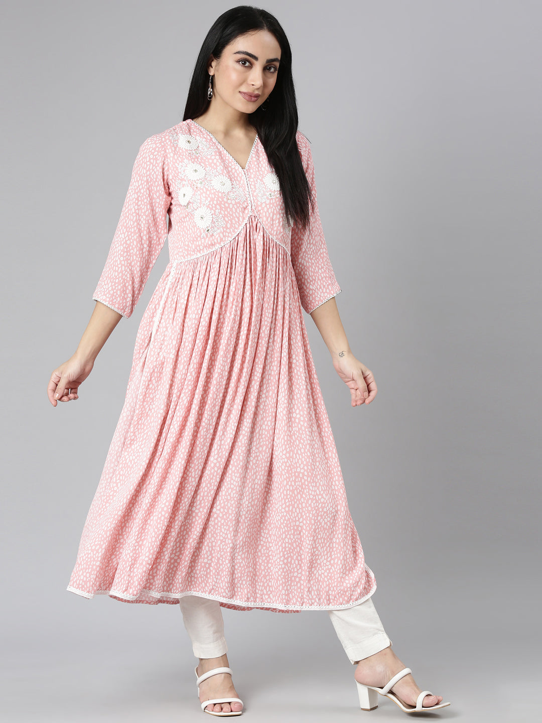 Neerus Pink chiffon printed anarkali kurta - detail view 2
