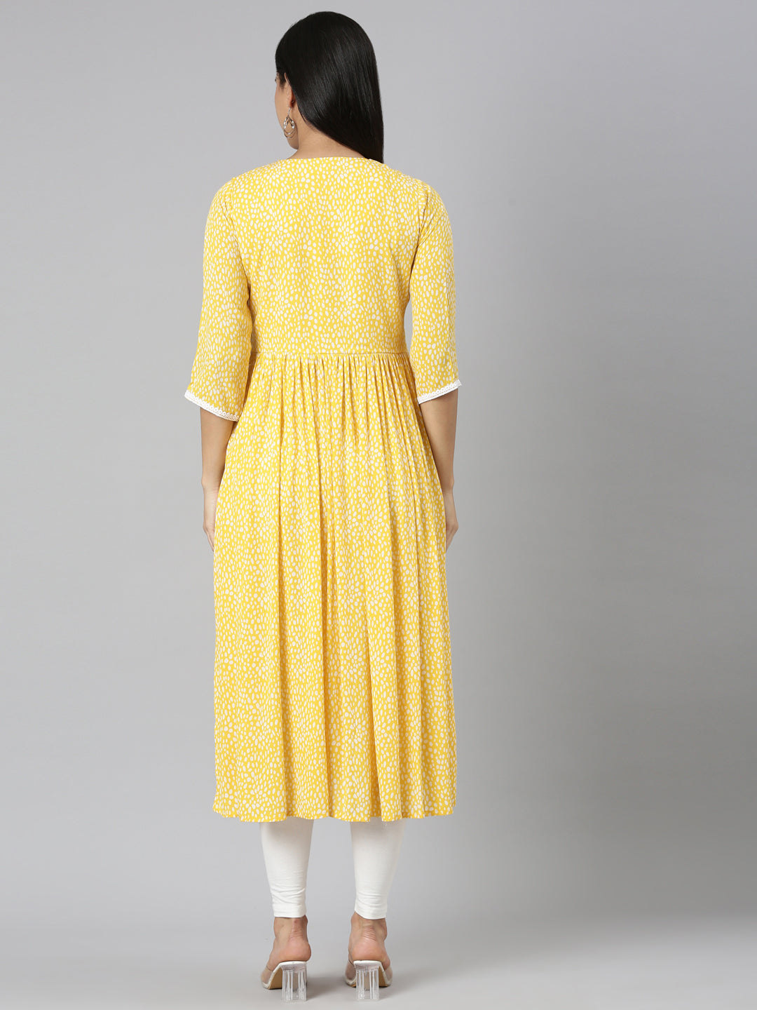 Neerus Yellow chiffon printed anarkali kurti - side view