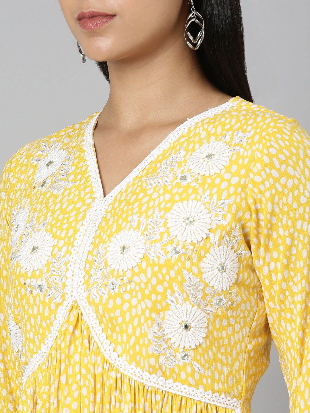 Neerus Yellow chiffon printed anarkali kurti - detail view 1