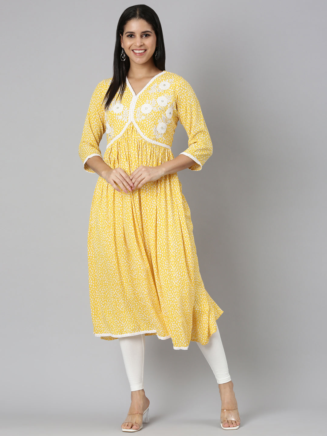 Neerus Yellow chiffon printed anarkali kurti - detail view 2