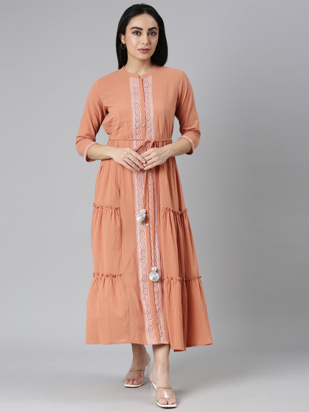 Neerus Orange chiffon flared maxi dress - front view