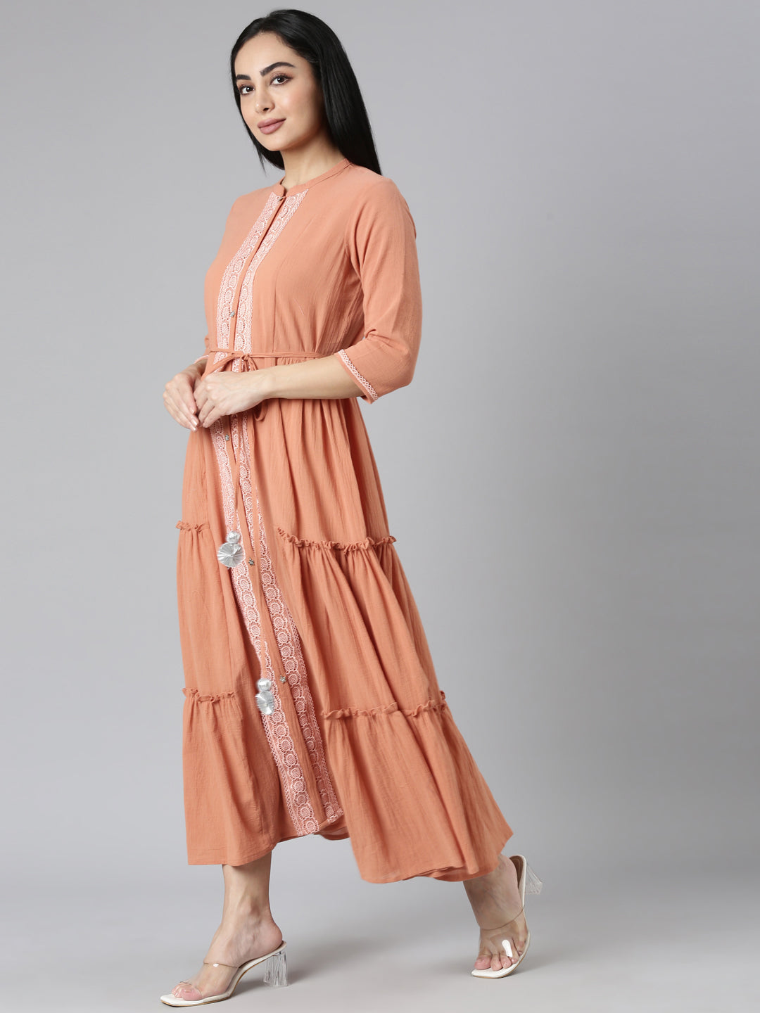 Neerus Orange chiffon flared maxi dress - back view
