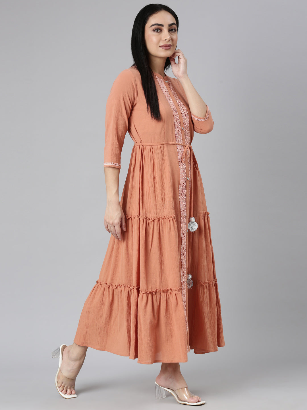 Neerus Orange chiffon flared maxi dress - detail view 2