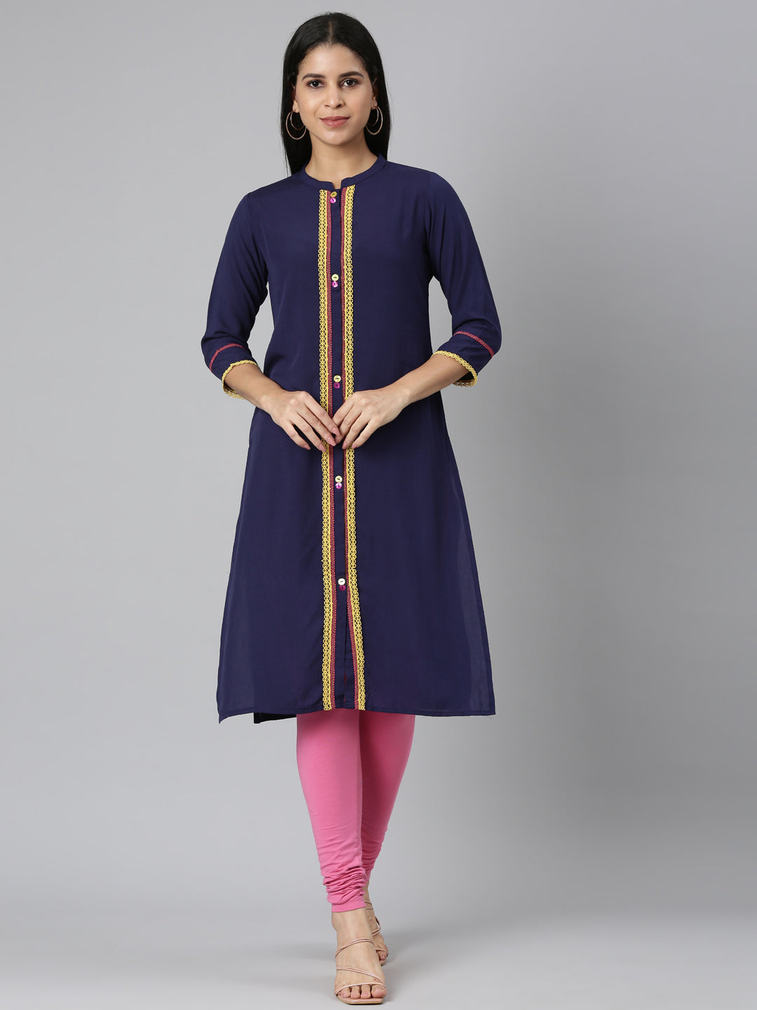 Neerus Blue rayon solid straight kurti - front view