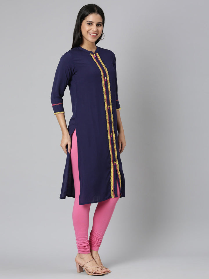 Neerus Blue rayon solid straight kurti - back view