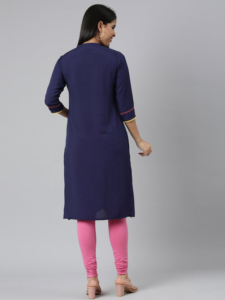 Neerus Blue rayon solid straight kurti - side view